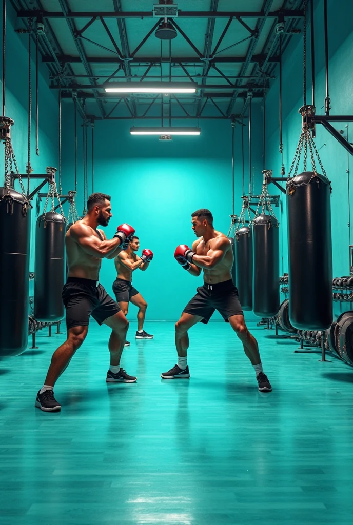 (A fighter training in the gym punching the sandbag), brazilian swarthy, muscular, strong, shirtless, white headscarf, beard, UFC shorts, white MMA gloves, mirror, tatami, weight machines, weights lying around on the floor, gloves, pictures of fighters hanging on the wall --auto