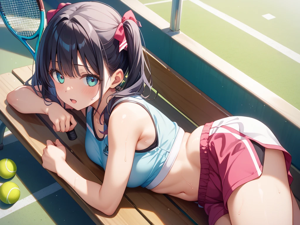 (Masterpiece, highest quality, high resolution, realistic photos, realistic looking skin:1.1),
(woman is a tennis player herself, resting on a bench next to the court:1.5),
(She looks happy:1.5), 
(wearing a top and bottom pair of trendy tennis wear:1.8),
(She is wearing white sport socks and tennis shoes:1.8),
(She has black hair in a medium ponytail: 1.5),
(Location: bench next to tennis court:1.5),
1 Japanese girl, solo, full bodied esbian, beautiful eyes, glowing eyes, glowing thighs, NSFW