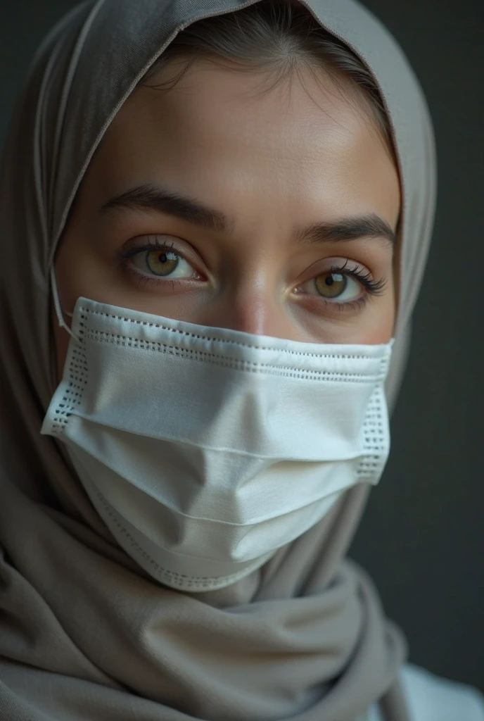 35mm film photography, Young Indian lady in a light gray hijab, back pose in a cozy indoor setting, lighting, evening ambiance., high detail, black and white monochromatic palette, grey scale, close-up shot, short distance, dramatic dutch light, with face mask