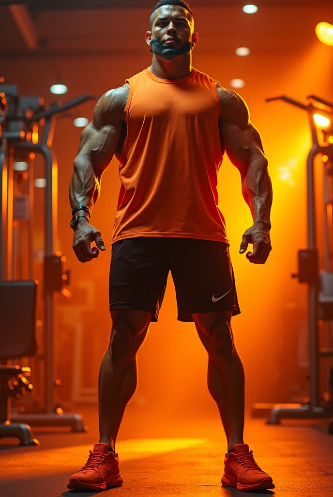 Reddish orange tone art for professional fitness trainer Instagram with weight training equipment in the background