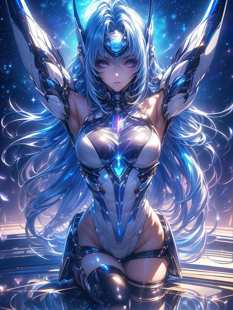 1 elf girl, (beautiful elf lady), elf magician, love and magic, one person solo, (Silver blue hair streaked pink purple:1.4), (Gradient sky blue hair ends:1.5), hair strand, absurdly long wavy hair, single sidelock, shiny hair, floating hair, (glowing symphony purple eyes), high-detailed and delicate eyes, colourful eyes makeup, red lips, ultra detailed facial, upturned pointy elf ears, porcelain skin, warm tone skin, whole body, extreme detailed, break, White extra long dress, Technical clothing masterpiece, several heart and Colored particle swirl around the body, (large complex multiple colours magic circle and heart totem upright floating on the back of the head:1.3), break, In the city, walking on the street, looking at the starry night sky, star night, meteor, cloud, heart, detailed background, complex background, ( _give heart:1.2), break, Full body, shallow depth of field, realism, chiaroscuro, sparkle, ray tracing, Volumetric lighting, Edge lighting, cinematic lighting, cyberpunk future Godism art, cyberpunk anime, award winner illustration, イーブイの絵, atmospheric perspective, best quality, 8K quality, UHD, 8K, super detail, masterpiece, highres, curate, retina, perfect CG, CG unity, complex, bloom, Octane Render, 3D Render,