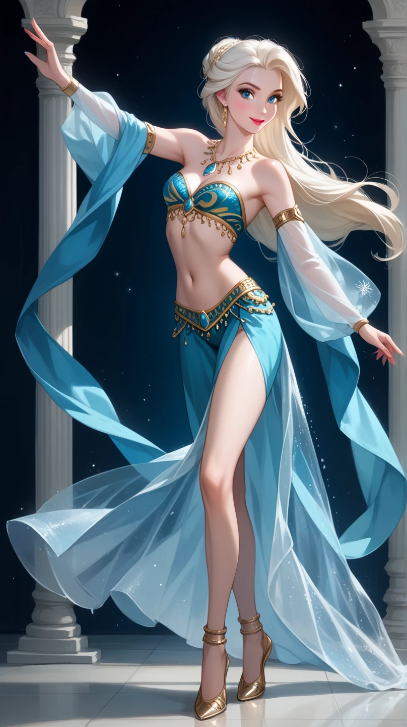 25-year-old Caucasian woman、ash blonde、blue eyess、Semi-long、setting hair、I'm tying my hair、My hair is wavy、Slender but thin macho、accessories on the wrist、wearing a chain necklace、Beautiful breasts、a smile、I need space above my head、wearing an ornate belly dance costume、Wearing high heels、background art nouveau、A lot of petals are dancing