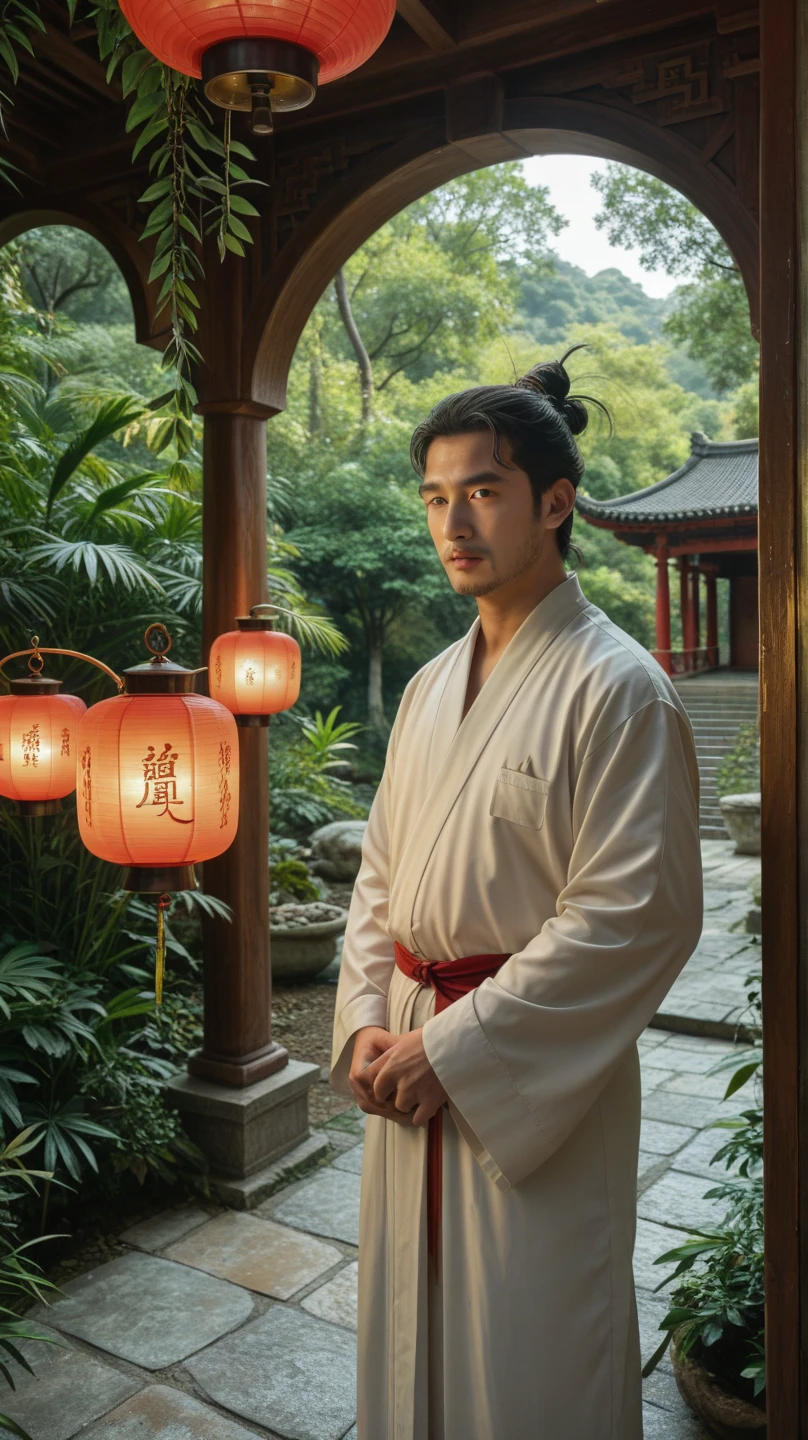An old Taoist,Wear linen,realisticlying,dynamic lights,Brush cut,Thin stature,no facial hair,full shoot,inch hair,(Highly detailed CG Unity 8k wallpaper),high detal,tack sharp focus,dramatic,Photoreality