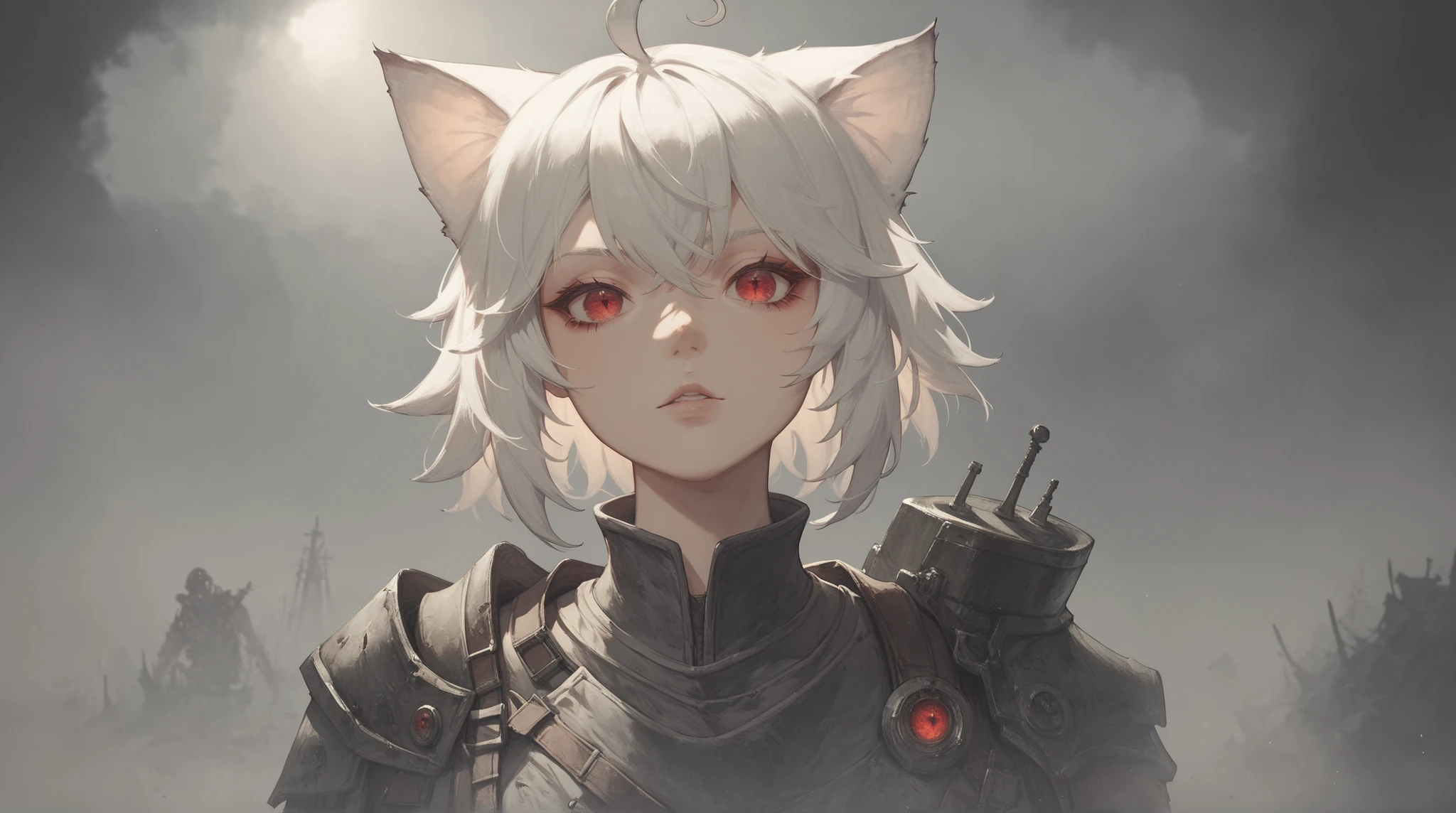 Arrisa ((cat girl)), (red eyes), (medium hair), (( white hair, (Ahoge), straight bangs,)), (in the background of a post-apocalyptic environment)