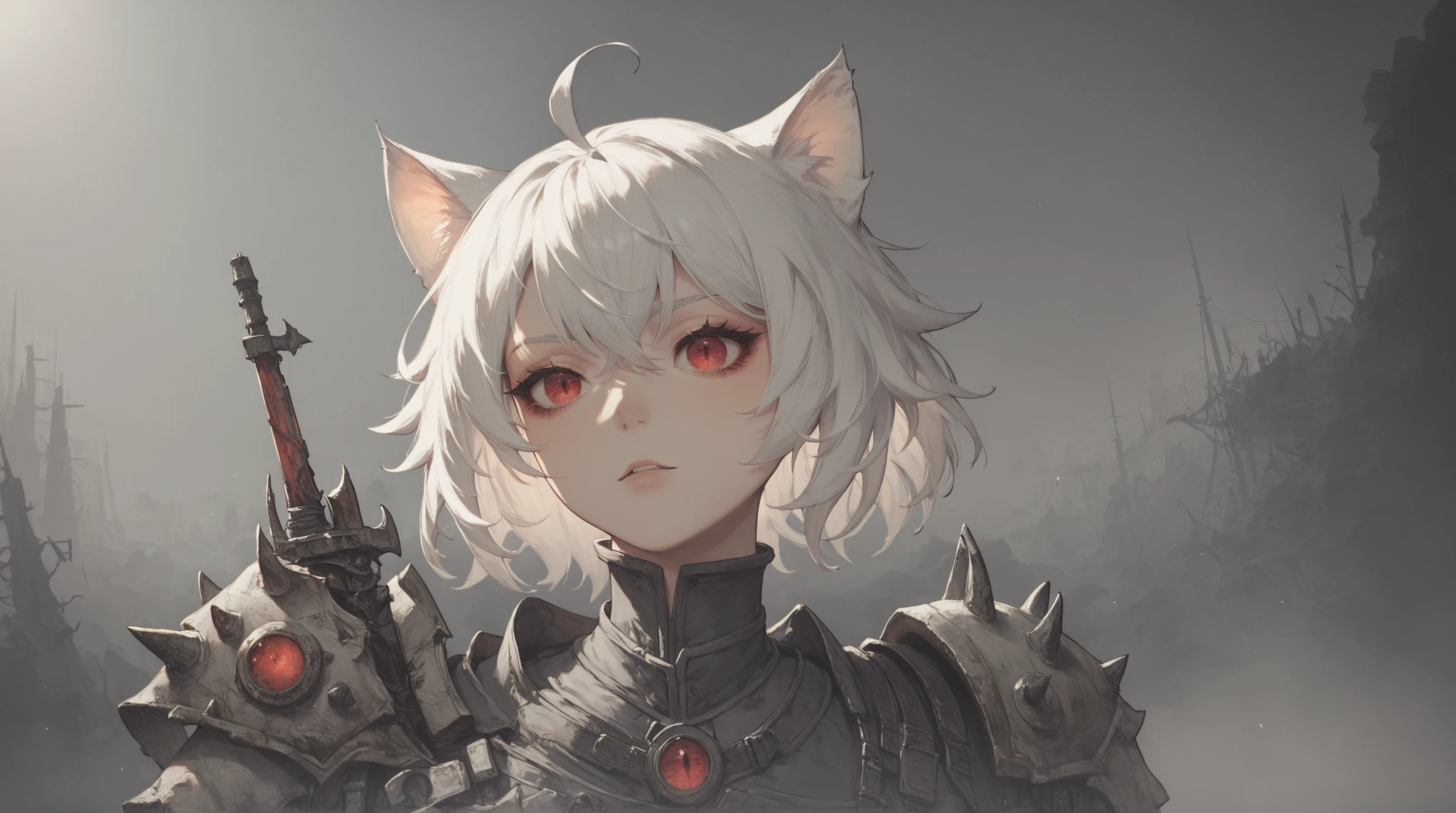 Arrisa ((cat girl)), (red eyes), (medium hair), (( white hair, (Ahoge), straight bangs,)), (in the background of a post-apocalyptic environment)