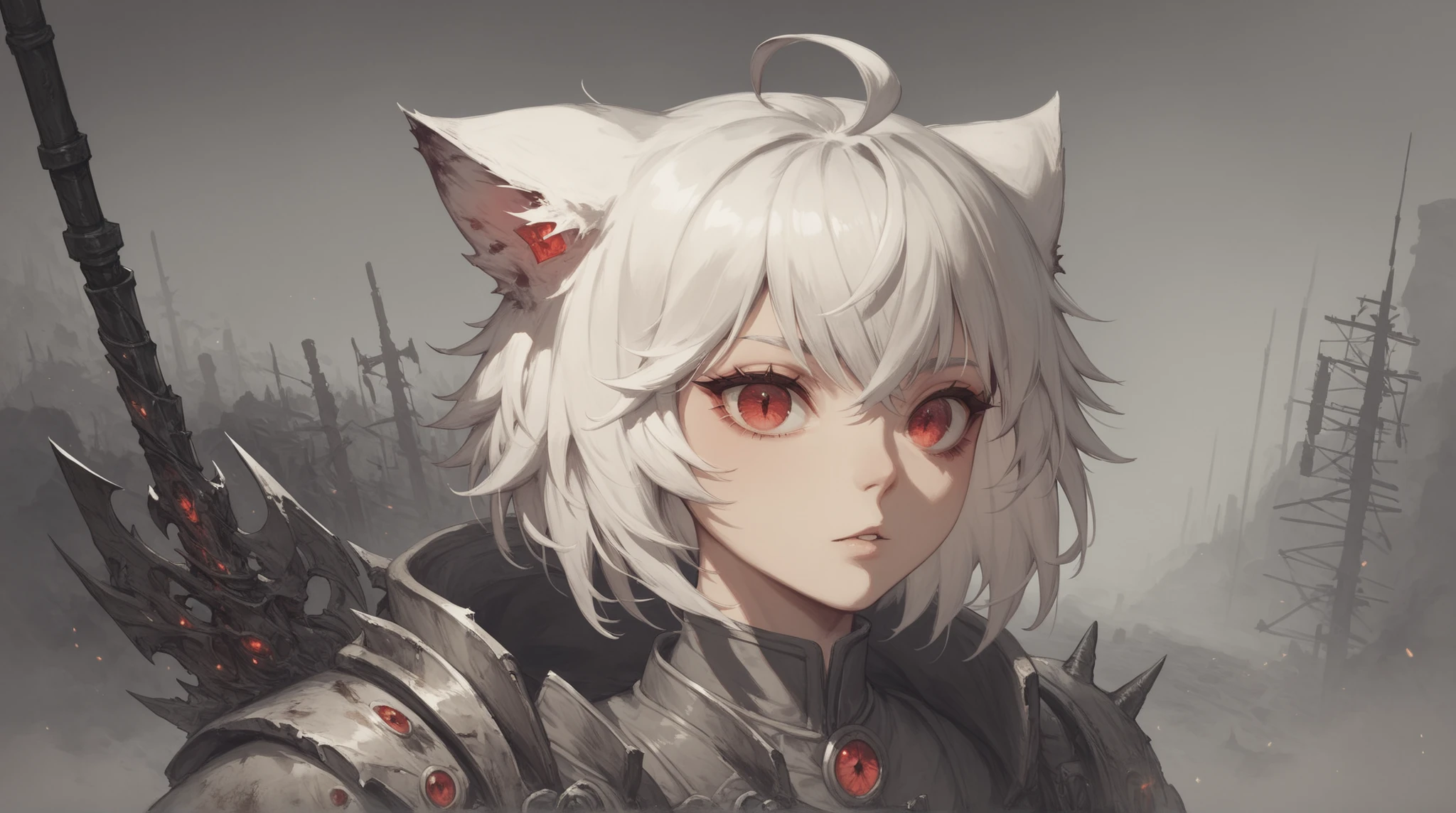 Arrisa ((cat girl)), (red eyes), (medium hair), (( white hair, (Ahoge), straight bangs,)), (in the background of a post-apocalyptic environment)