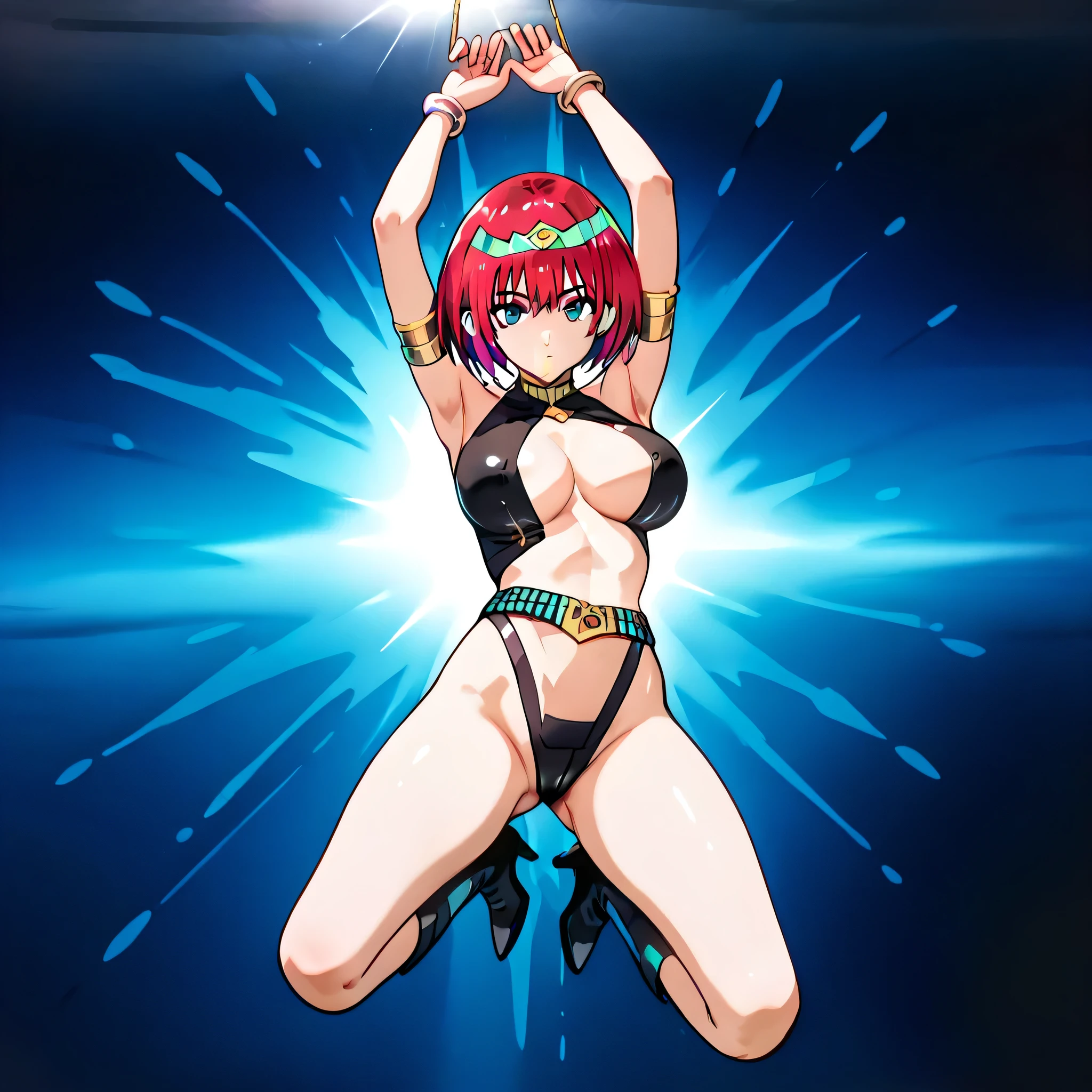 best quality, high resolution, (huge breasts:1.2), (leg lift, standing split:1.2), stage, very dark skin, dqManya, bangs, circlet, earrings, choker, bracelet, armlet, bikini, loincloth, blush, embarrassed, happy, smile