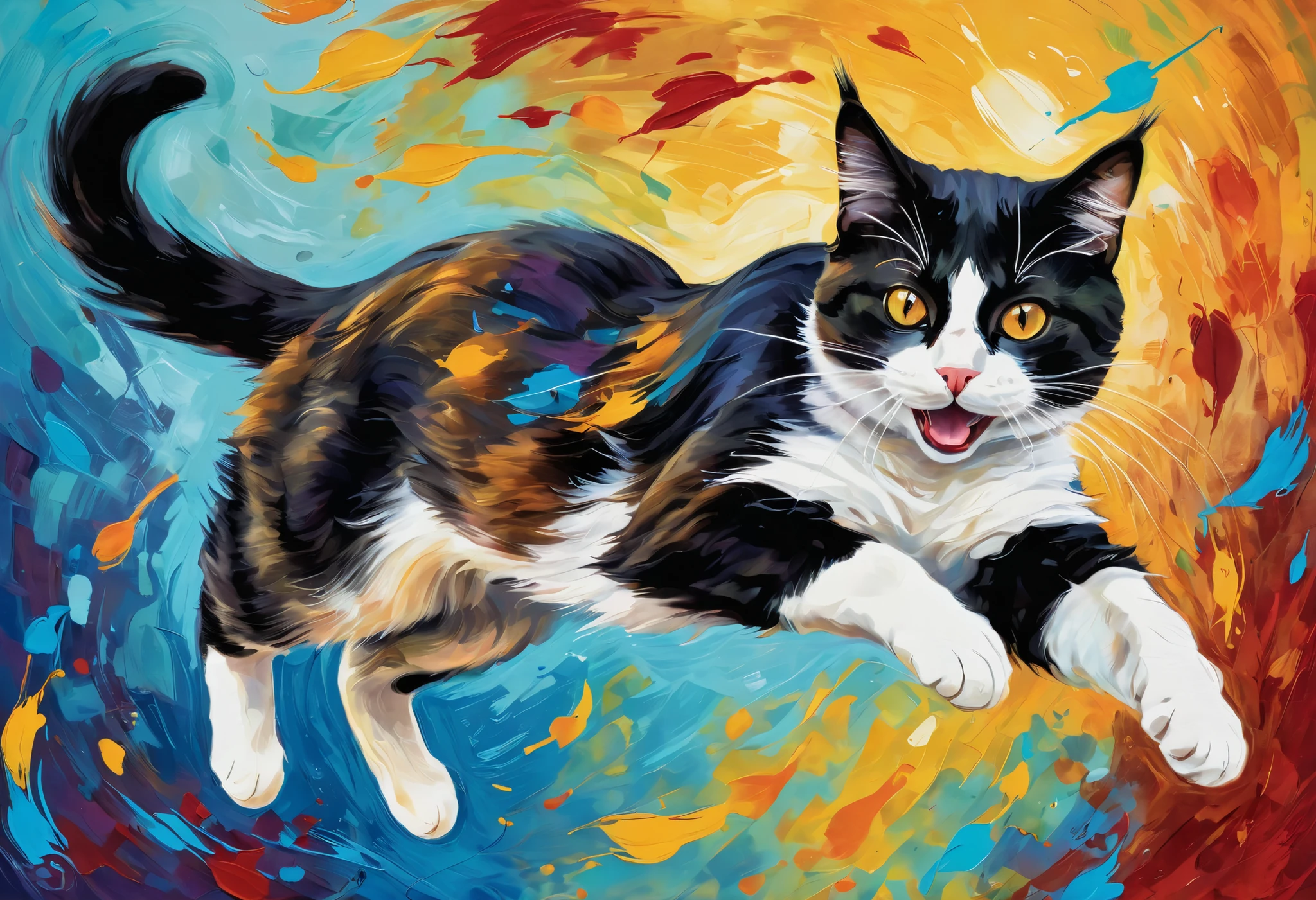 {"prompt": "An oil painting style illustration of a cat jumping gracefully in mid-air, with dynamic motion and expressive brush strokes, rich colors, and a textured canvas background.", "size": "1024x1024"}