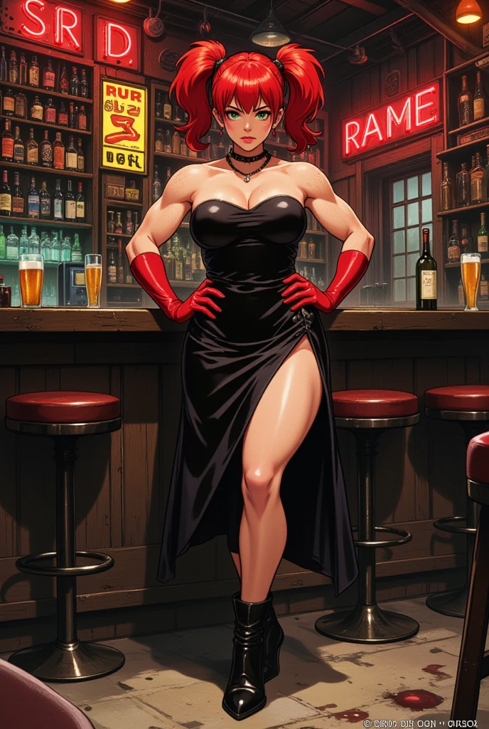 (extremely detailed CG unity 4k wallpaper),(masterpiece),(best quality),(ultra-detailed),(best illustration),(best shadow),(absurdres),(Detailed background), Red hair, Green eyes, Shoulder length hair, Pale skin, Thick thighs, Punk dress, fishnet stockings, red lipstick, black eyeshadow, Concert, singer, performer, celebrity,