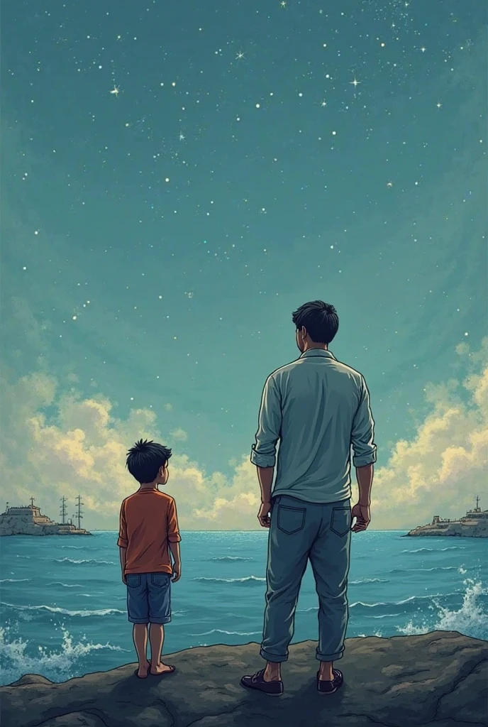 a father holding his baby boy at the seaside at night, starry night sky, shiny stars,