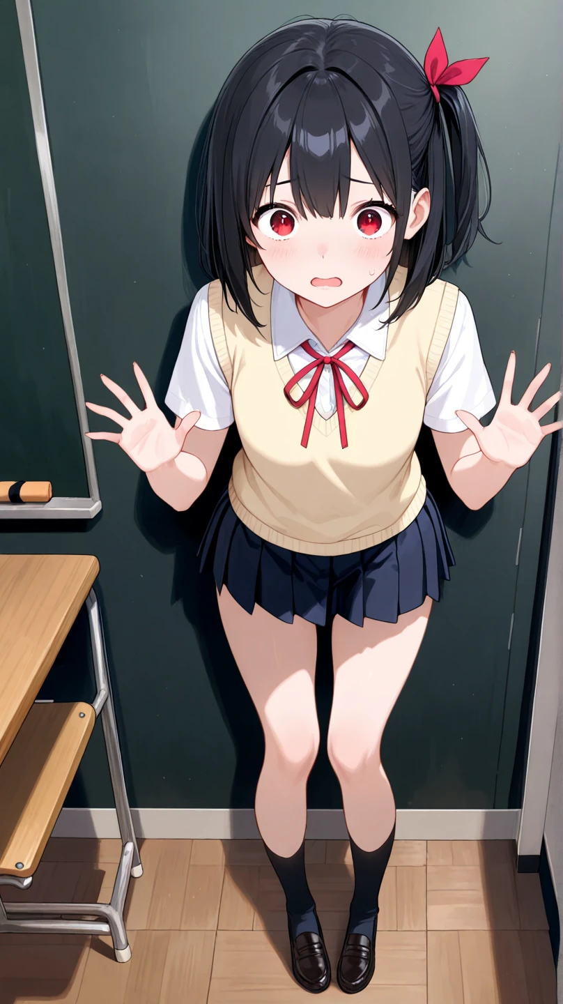 1.woman embarrassed blush smiling small breasts short hair naked nipples black hair standing sweat classroom blackboard desk homeroom