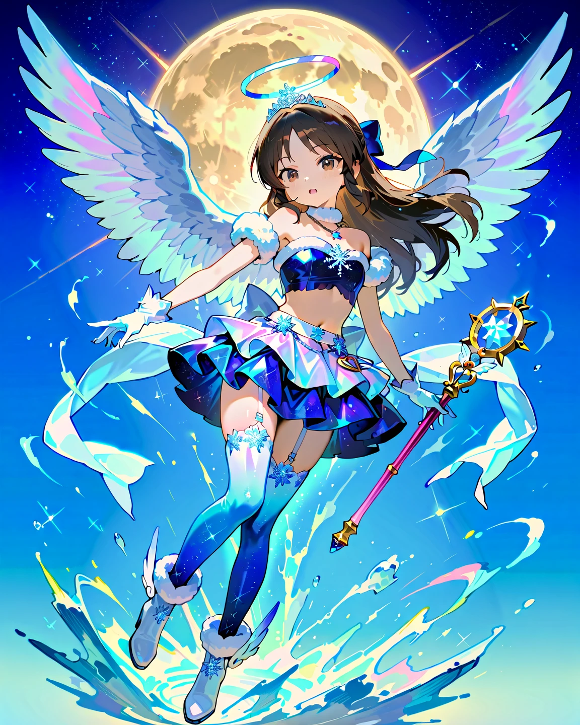<lora:shioKoubeHappySugar_v10:1> Shio, short twintails, dark blue hair, pastel star themed white and cyan magical girl outfit with ruffles, white stylized angel wings, angel halo, thigh high socks