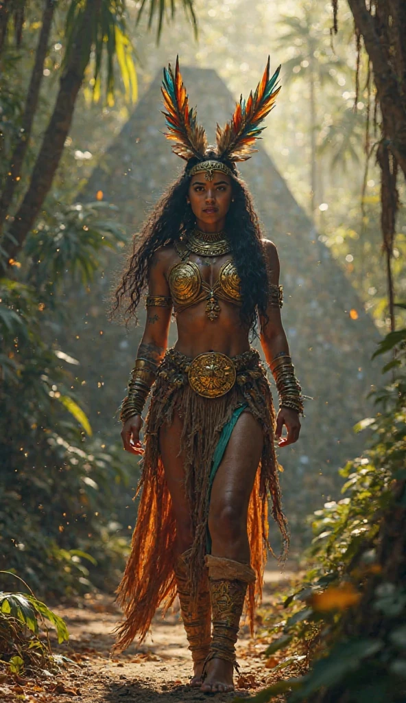 Goddess Coatlicue (Aztec goddess of fertility), with her exuberant body, dressed in her gala outfit that reveals her large breasts and curvy hips; she standing in the forest with outstretched arms invoking her powers for the fertilization and production of the earth; she has long straight black hair; tanned brown skin; masterpiece; intrinsic details throughout the image; 8k; UHD; side view; high definition, film production; fine details on her face; fine details in the hands; fine details on the breasts and hips;