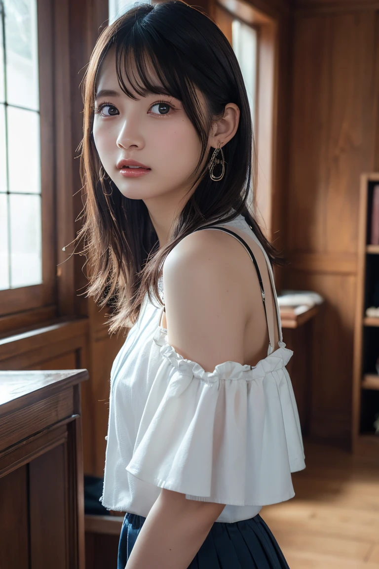 (best quality:1.4),(masterpiece:1.4),( realistic:1.4),(realistic:1.2),(超high resolution, RAW photos :1.4),(high resolution, super detailed:1.2),(8k:1.2),viewers,cinematic pictures with large classroom views,1 woman,Skeletally correct,dark-haired woman,woman in her early 20s,(Small earrings,necklace,jumper skirt with ruffles on the shoulders and hem),(Western-style building interior,Dim Room,The light of the lamp shines on your cheeks)