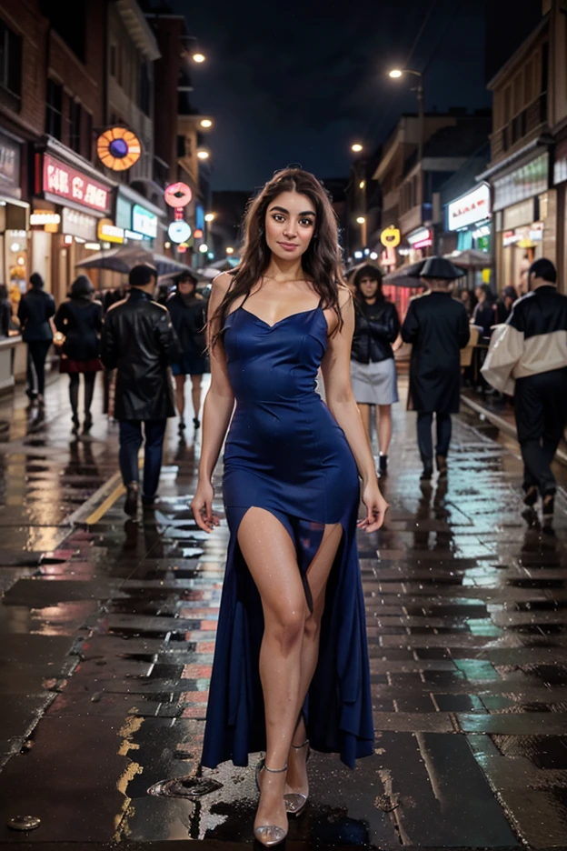 anikaxxx in an elegant tight evening dress, standing on a busy street full of people celebrating and partying lively atmosphere. anikaxxx