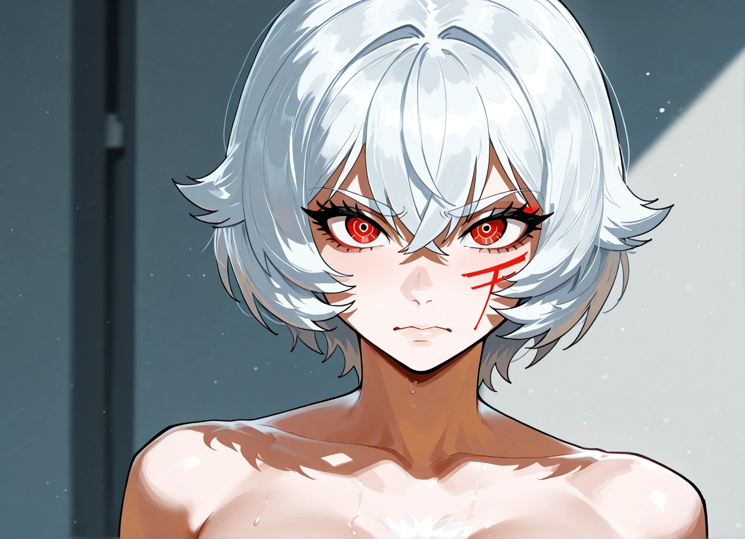 1girl, arlecchino \(genshin impact\), genshin impact ,masterpiece, best quality, very aesthetic, absurdres, newest,,,, , in front of viewer, ///// by nyantcha, cutesexyrobutts, , , by khyle ///// nude,naked,rating:nsfw, portrait, detailed face, ,. , white background, detailed eyes, bra,