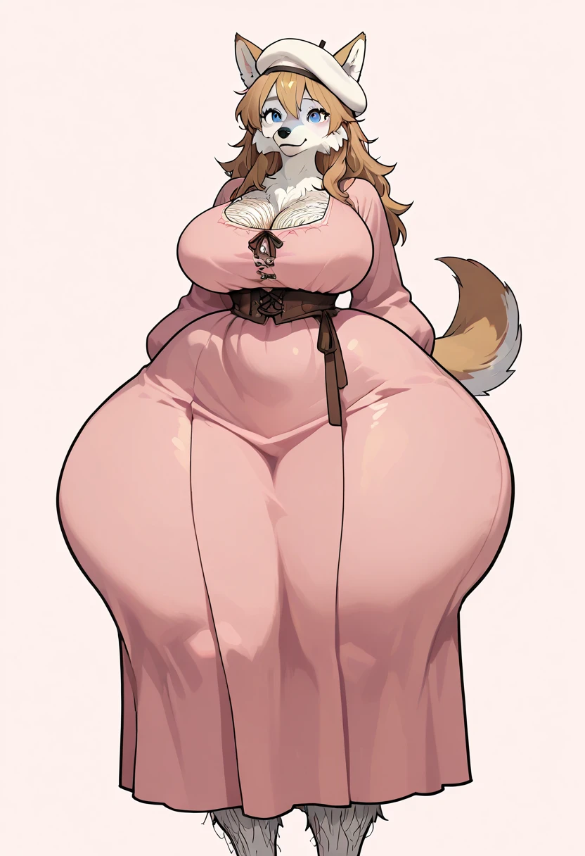 female anthro Snow leopard,Brown long fluffy hair, fluffy hair, squirrel ears, hyena, big breasts, attractive, bride dress, thicc body, thicc body, thicc, freckles, freckles on face, neutral expression, smug eyes, garter belt tights, high heels, she is standing (thick thighs:1.5) 