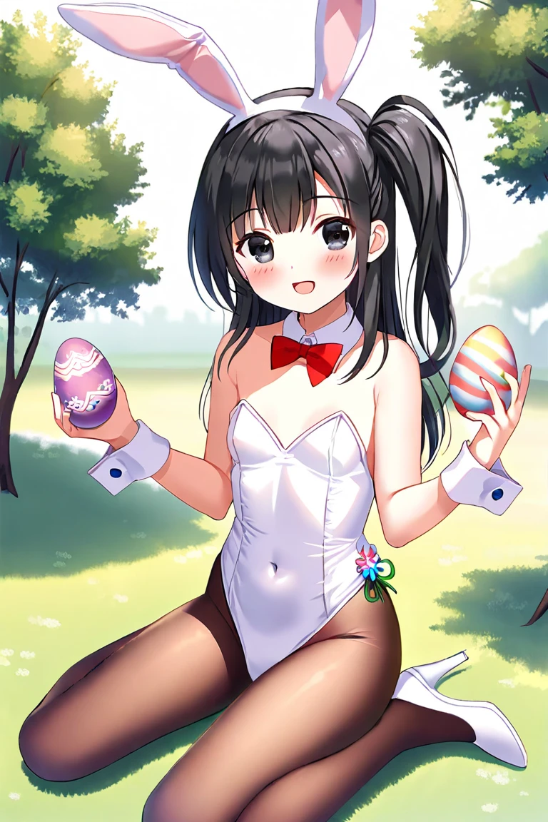 1girl, solo, breasts, looking at viewer, smile, open mouth, black hair, thighhighs, bow, holding, animal ears, cleavage, bare shoulders, jewelry, medium breasts, tail, ponytail, :d, sidelocks, outdoors, sky, day, cloud, necklace, rabbit ears, black eyes, white thighhighs, leotard, blue sky, wrist cuffs, strapless, covered navel, detached collar, fake animal ears, highleg, stuffed toy, playboy bunny, stuffed animal, cross, rabbit tail, highleg leotard, strapless leotard, rabbit, white leotard, basket, stuffed bunny, egg, tulip, easter egg, easter, ((32k)), ((best quality)), ((ultra high res)), ((HDR)), ((UHD)), ((extremely detailed CG)), ((unity 32k wallpaper)),