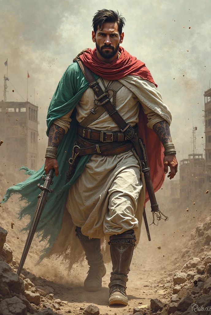 a Big Palestinian man is standing in a city with sword , he is high than big  building and he looking his body and holding Palestinian plag by his hand, his dress is maked by Palestinian plag and he is killing is a Israeli man by his own hand . who are dressed by Israeli plag