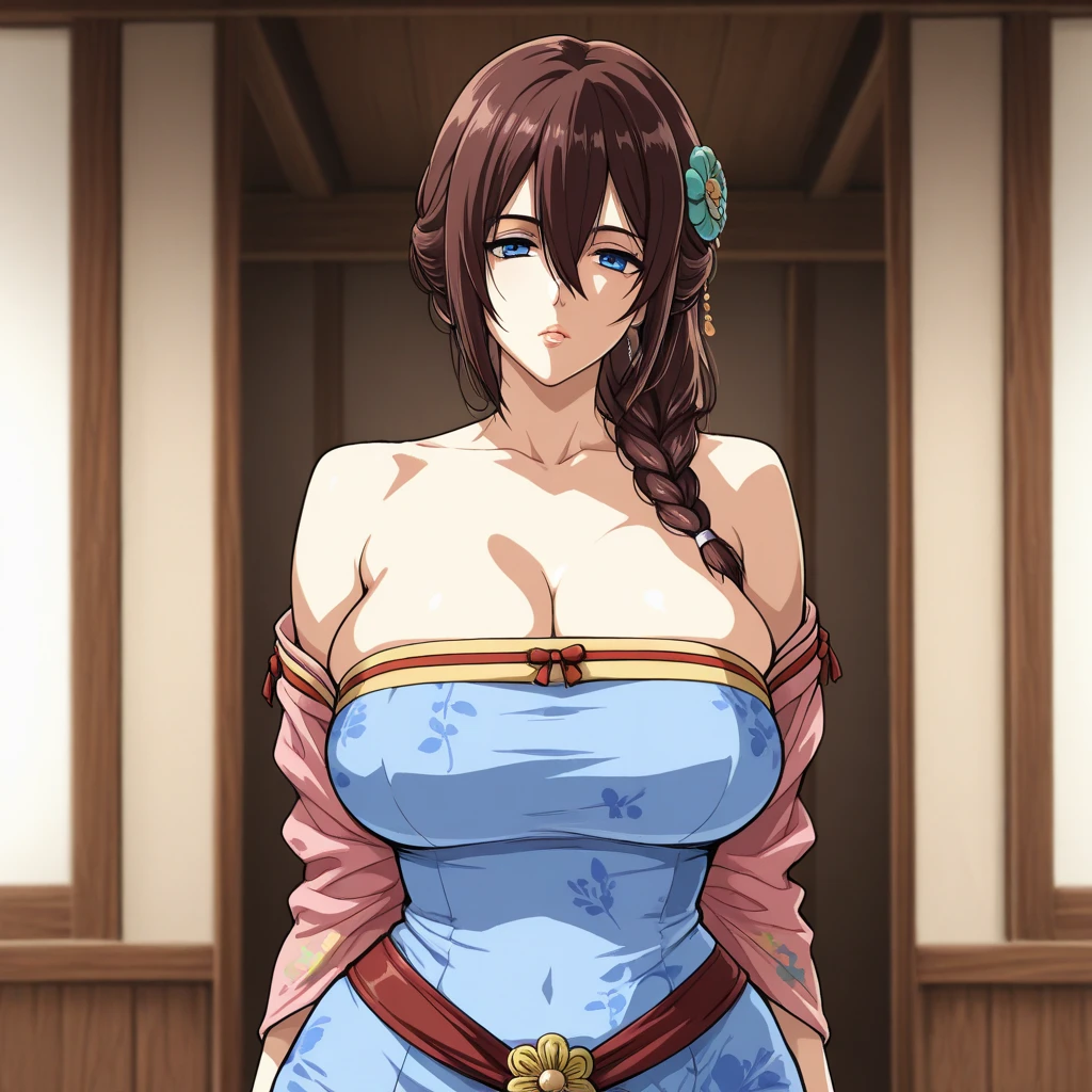 masterpiece, best quality, amazing quality, (sketch drawing:0.6), (digital painting:0.6), (, score_6_up, source_anime),
BREAK
1girl, Female only, indoors, busty, chinese_concubine, woman, looking to viewer, ((brown_hair)), blue dress, slicked_hair, make_up, strapless, off_shoulder, blue eyes, ornaments , ((mature_woman)), wrinkles, aged, 50 years_old, upper_half_body, small_waist, wide_hips, braid, (japanese_traditional_clothes), ((mikasa))