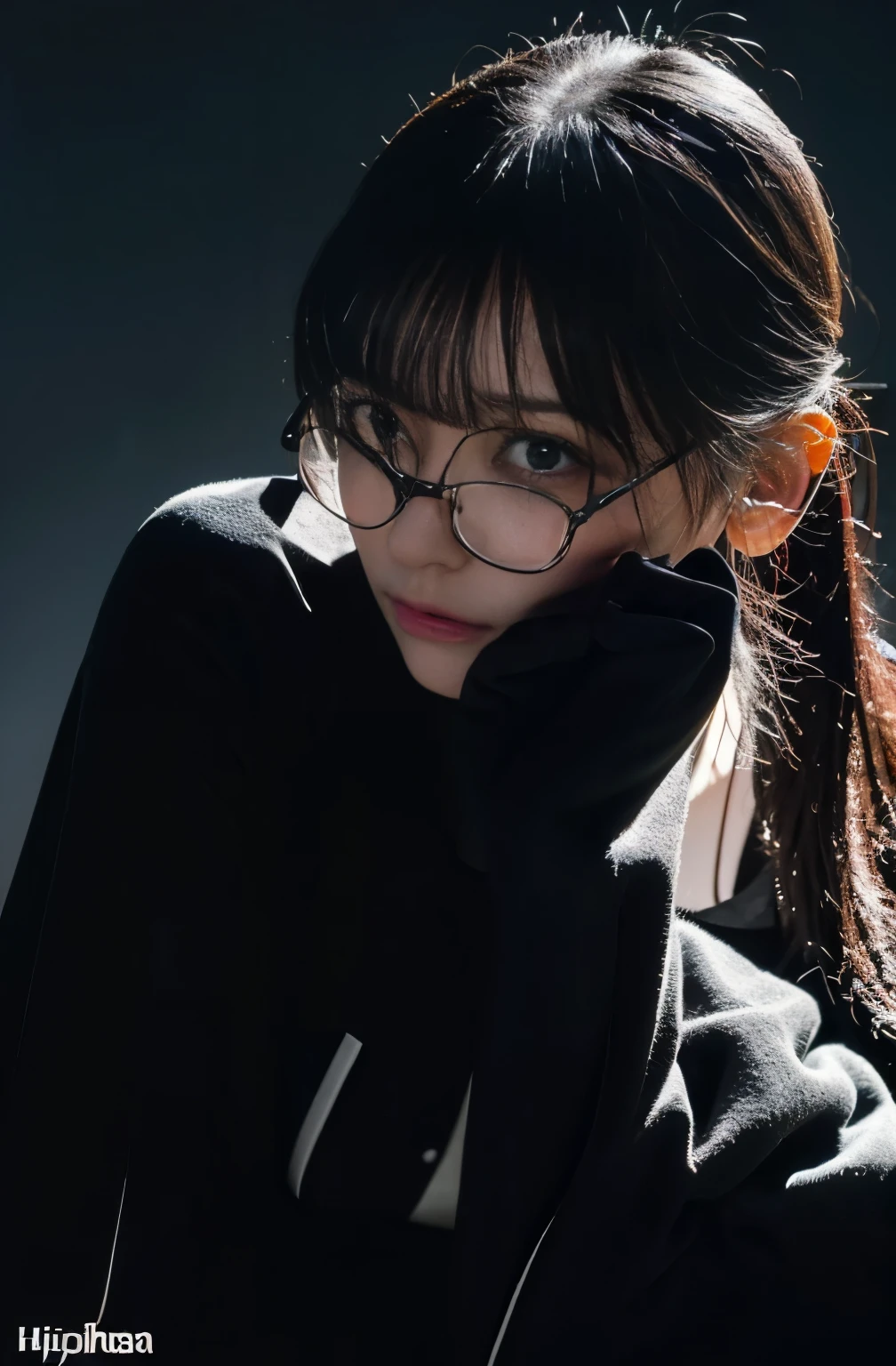 1 girl, High School Student, ((uniform)), ((wears stylish black-rimmed glasses)),((staring at the viewer)),((full body)),((black stockings)),masterpiece, best quality, best quality, Movie Lighting, ( Stereo lighting ), extremely detailed CG unity 8kの壁紙, Concentrated, extremely detailed, is overexpressed , photorealistic, sharp concentration, absurd, (high resolution:1.2), (high contrast), photo volume unblock, Detailed and Complicated, instagram, portrait, very detailed, digital painting, art station, concept art, smooth, sharp concentration, Movie Lighting, ((Hipshot:1.6))