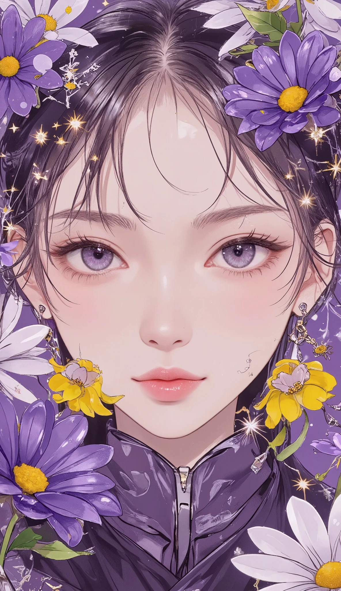 masterpiece, best quality, super res, perfect anatomy, absurd, dreamy、female, detailed face、collage art、Double image technique、Dream World 、Transcending space and time 、Cute and stylish、The perfect combination of purple and yellow、Glass Flower、crystal firecrackers、Stained Glass Fireworks 