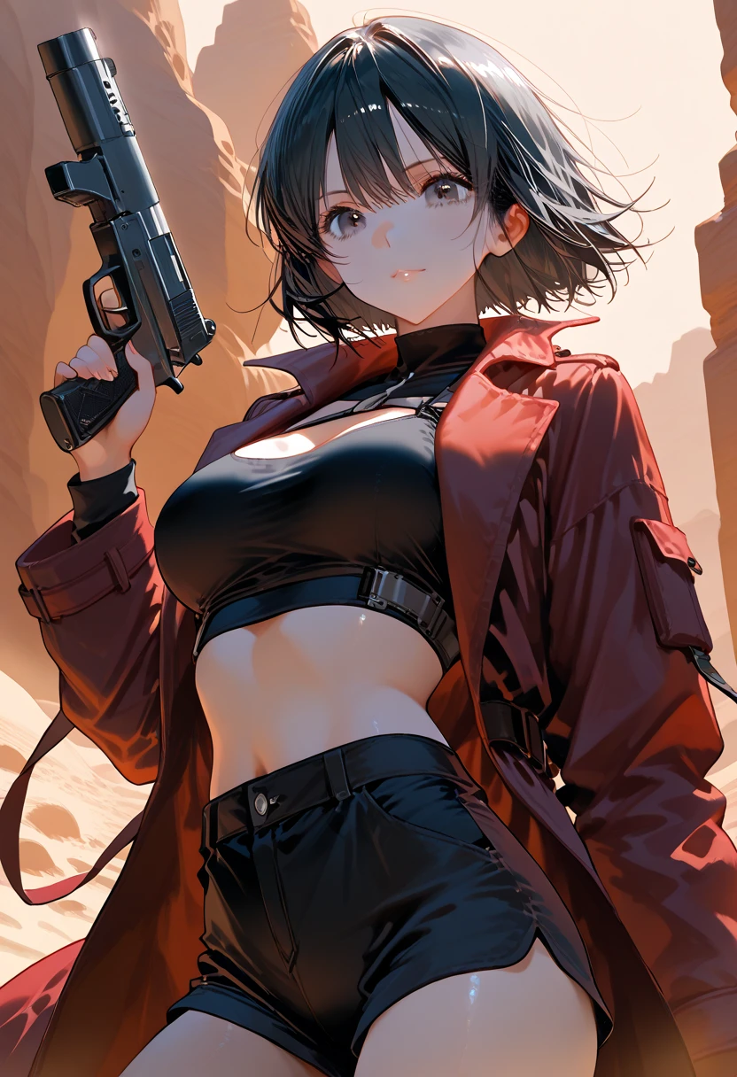 Stance for battle, (Paint splatter on background), (He has a huge sword in his right hand), (masterpiece, Side light, Detailed red eyes: 1.2), ((Highest quality)), ((masterpiece)), (Very detailed:1.3), anime, young, Erect nipples,Small box, Childish body,  ((Red turtleneck sweater)), Exposing shoulders, (Long sleeve white open coat), oversized pants, Black trousers, Pale skin, (Shadow Eyes, Dark Eyes), (Grin, Mischievous Smile, Proud), (short〜Medium Hair, Brown Hair, Messy haircut, Hair between the eyes, Hair clip on the left), Earrings, red tat on left hand, scar on left hip, alone, One person,