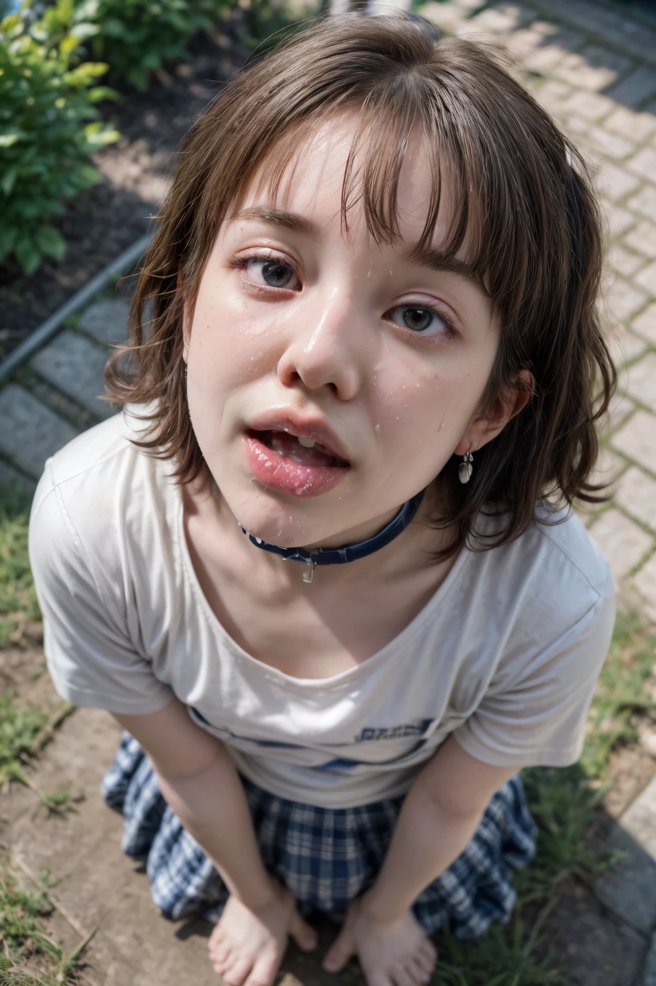 (realistic, photo-realistic:1.37), (best quality, masterpiece), RAW photo, high resolution, intricate details, extremely detailed, cinema lighting, (looking up:1.5), posing for professional photography, view from above, solo, 1girl, a Japanese woman, dark hair, pixie cut, swept bangs, pale skin, fine-textured skin, (detailed face, beautiful detailed eyes, beautiful pupils, sophisticated nose, open mouth), lewdlook, (cum facial), collarbone, (choker, jewelry), (t-shirt, skirt), photo background, outdoors, daytime,