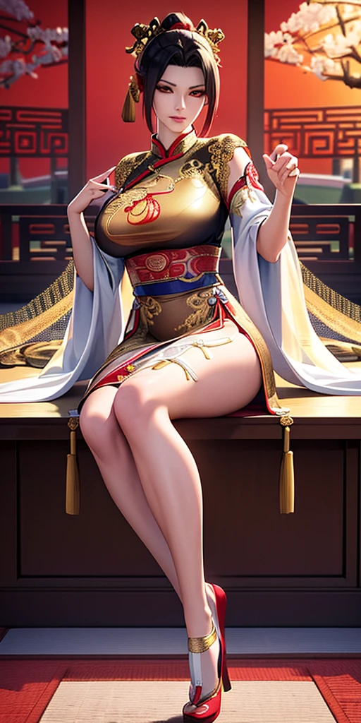 (8K, RAW photogr, Best quality at best, tmasterpiece:1.2),(actual, Photorealistic:1.37),Photo mapping,profesional lighting,Radio City,1个Giant Breast Girl,Alone,long_the hair,(bangle:1.1),(legs long:1.2),(耳Nipple Ring:1.1),physically-based renderingt,stage,manifestation,sitting down,close hand,Chinese costumes,red and gold dress