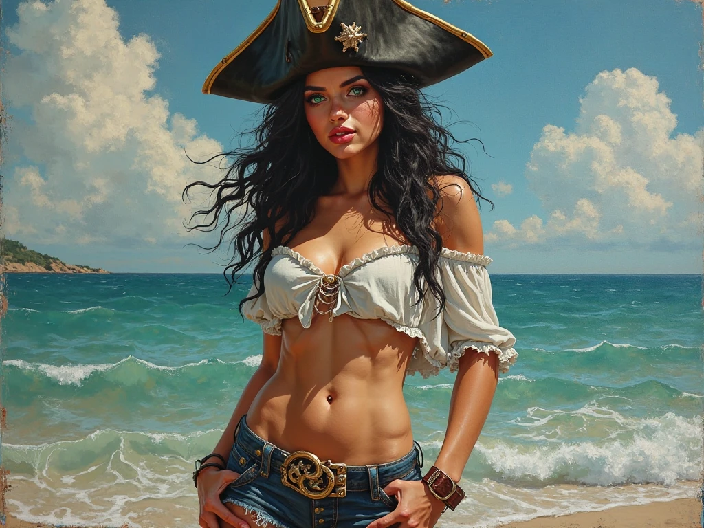 Amidst the tempestuous waves of the open sea, an adventurous (naked) 18-year-old girl commands her pirate vessel with a determined spirit. Her attire, a blend of practicality and pirate allure, billows in the wind revealing her breasts as she steers the ship through tumultuous waters. The fierceness in her gaze and the confidence in her stance mirror her resilience against the raging storm. Surrounding her, the ship rides the waves with defiance, its mast and sails cutting through the churning sea, a testament to her unwavering resolve in the face of the tempest.