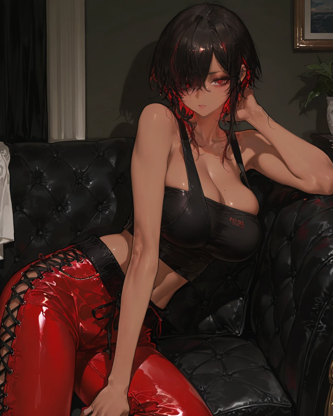 Beautiful girl,Korea, sitting on red light neon, futuristic,
 18 years old,Short hair, shoulder length,black hair, big breasts,wet, sweat, camel toe, red lips ,Wear glasses,
White underwear, sexy pose,
 red eyes, cyberpunk  world, Squat and spread your legs. Sexy lady, naked girl,
Two horns and a red demon tail, succubus,