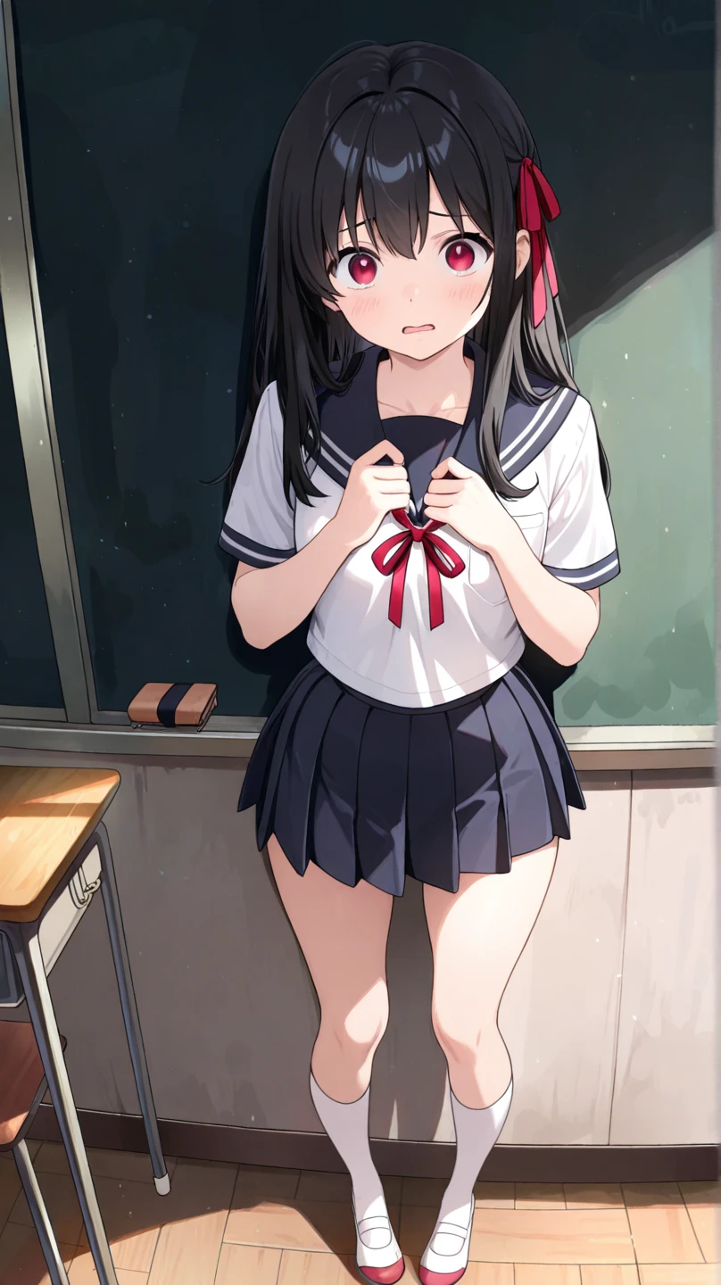 yukimi, 10., long hair, dull bangs, flat chest, No expression, shy, whole body, highest quality, (randoseru backpack:1.4), in a crowded train、In underwear、angle from below、kneel down、(small area white panties:1.4)、(masturbation:1.4)、(put your hand inside your pants:1.4)、Striped pattern、embarrassing、Transparent、