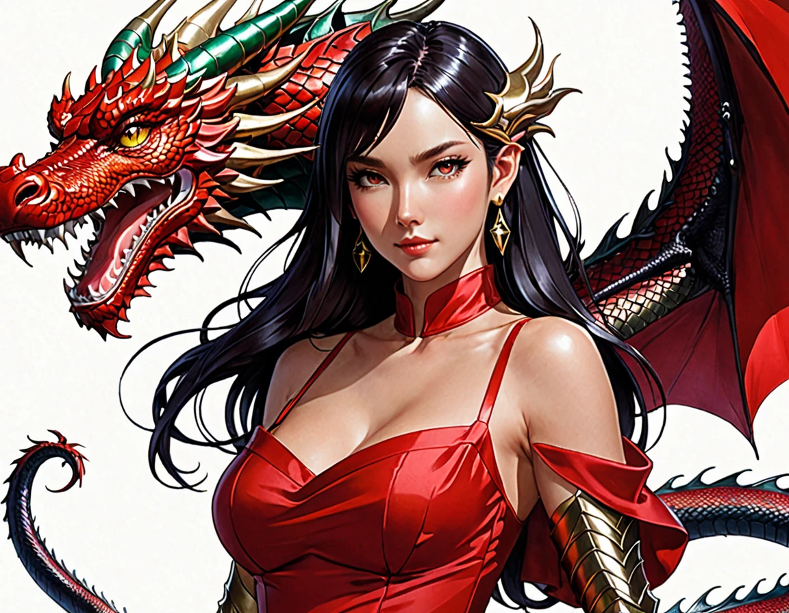 A red and white Chinese Oriental dragon, with delicately textured hair and scales that shimmer under the light, elongated body undulating gracefully, and big, captivating blue eyes that sparkle with intelligence and mystery. The dragon sits majestically against a clean and uncluttered background, allowing its intricacies to fully capture the viewer's imagination.