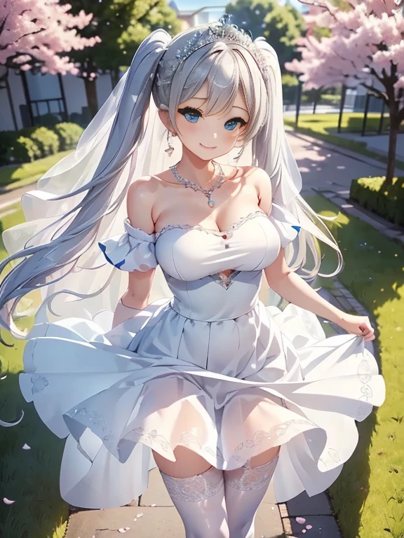 big breasts:1.2、、highest quality、very detailed、Very realistic eye masterpiece、highest quality、very detailed、gray hair、perfect face、long hair、white dress、sundress、lily、two girls、anime、kiss、countryside