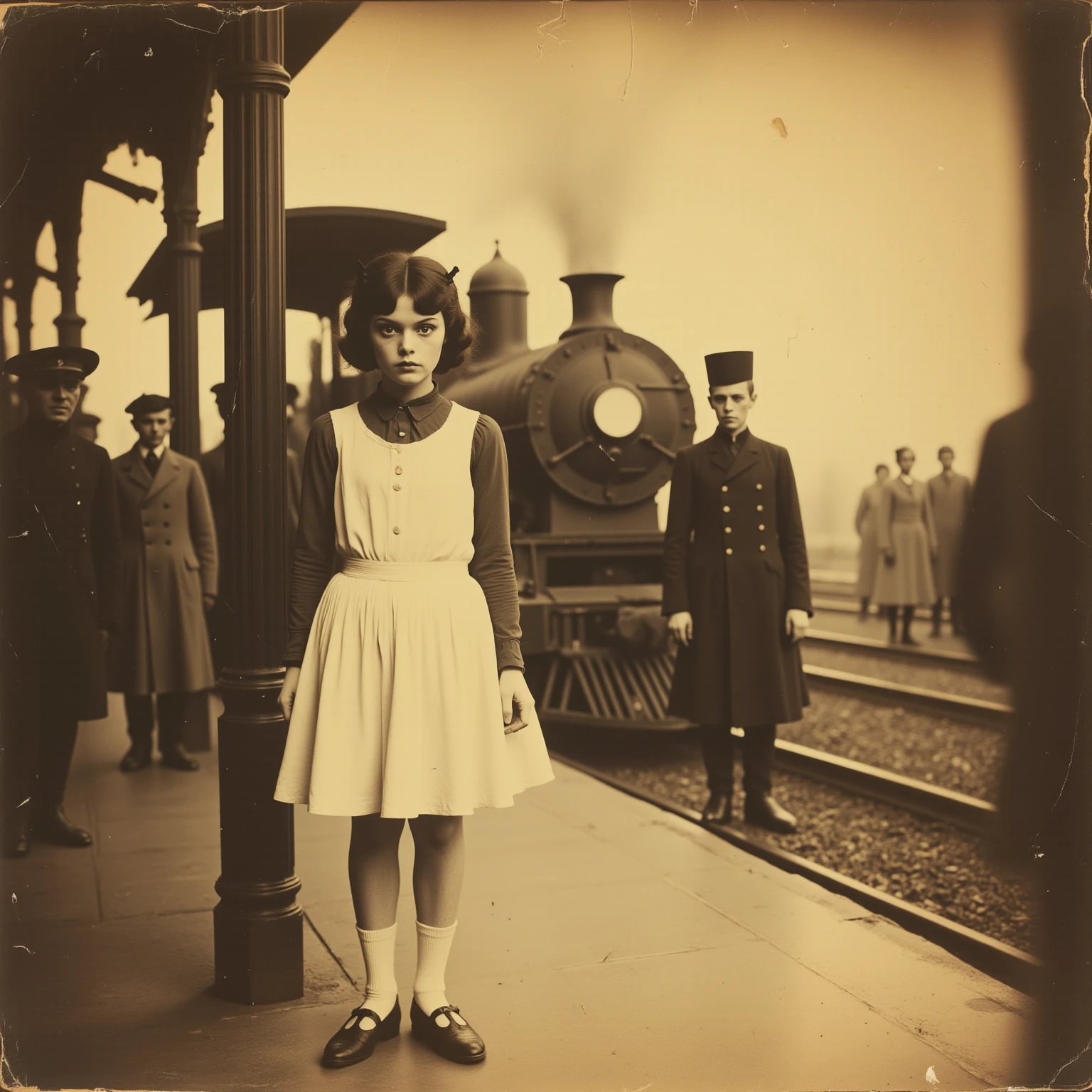 Paris, 1940. A little ((((12-year-old)) Marie-Laure LeBlanc)), freckles, in a train station, ((worried expression)), ((((clothings from the 1940s)))), ((dark hairstyle of the 1940s))