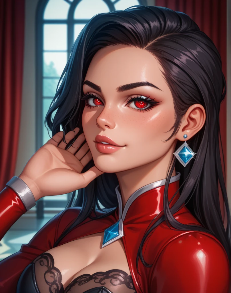 Victoria june, wearing transparent red sweater