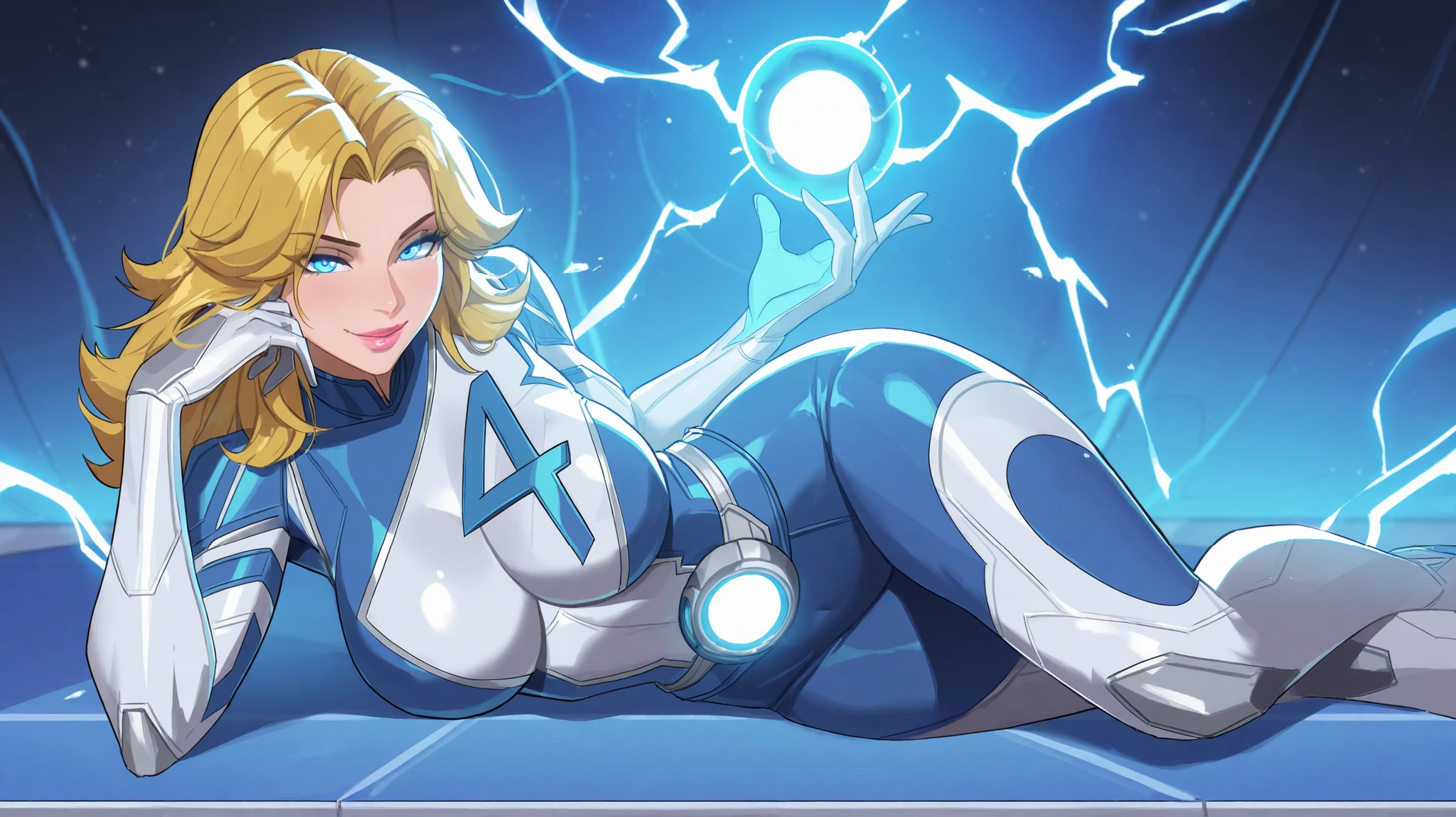 suest0rm, 1girl, susan storm, fantastic four, long blonde hair, glowing blue eyes, large breasts, magic, glowing orb, blue lightning, best quality, masterpiece, pink lips, beautiful face, seductive smile, seductive eyes, lewd pose,