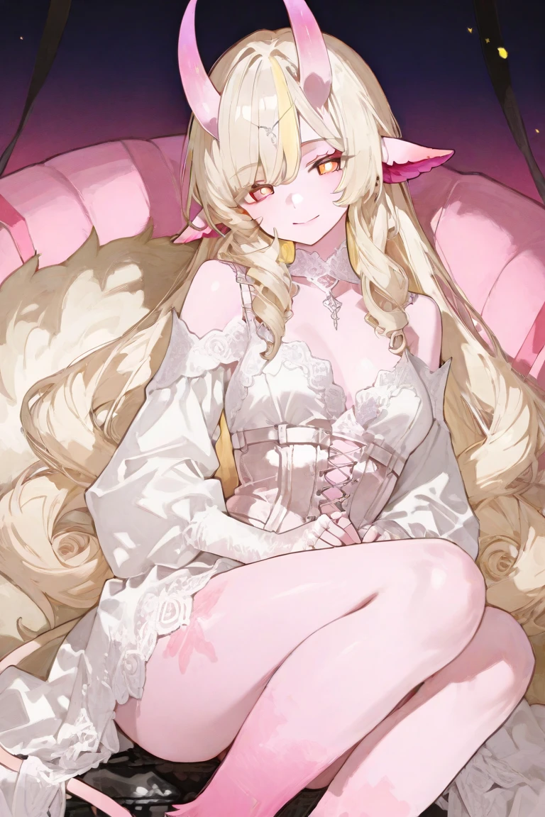 ((high elf girl)) with ((Long straight white hair with pink highlights)) and ((light yellow eyes)) and ((hyper Breasts)) and ((massive waist)), ((full-length portrait)), ((sitting on a bed doing something sexy)), ((wear pink lace bra and pink lace panties)) and ((Massive Hourglass Figure))