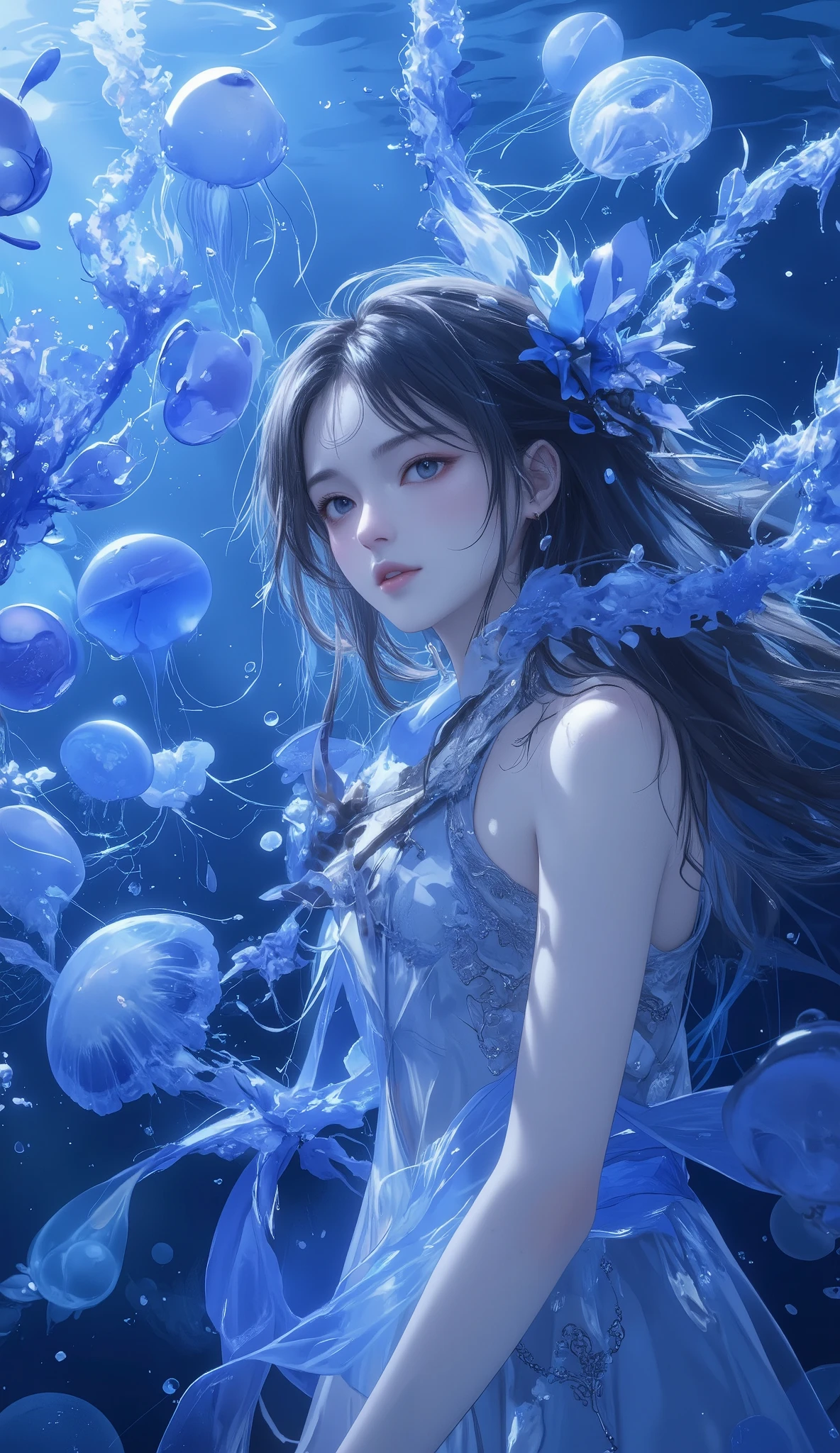 masterpiece, best quality, super res, perfect anatomy, absurd, dreamy、female, detailed face、Translucent and soothing jellyfish are swimming、Lots of jellyfish 、Multiple types of beautiful blue、fluctuation、Long and long ago、Air bubbles、 will heal、alpha waves、soft light