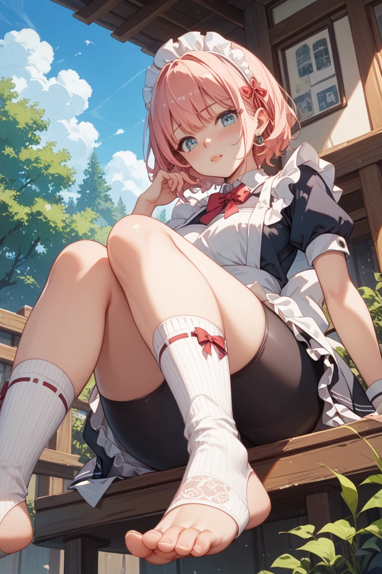 Plain white with emphasis on the chestTshirt、You can see the chest from the neck、Ultramarine and white striped mini skirt、When you lift up her skirt you can see her cute pink frilly underwear.、A fluffy, white ruffled flared skirt、When she flipped her skirt up, she found cute red ruffled underwear、barefoot、hot spring、Three girls of different heights Magical girl with magic wand、