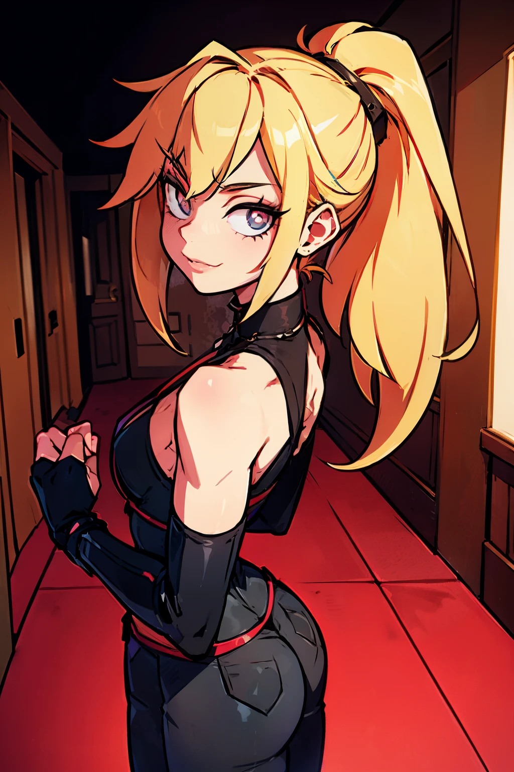 (masterpiece, best quality:1.2), red glowing eyes, red eyes, the eyes are red, perfect face, , strong make up, highres, 1 girl, solo, ultra long ponytail, (female:1.5), strife, blonde hair, shoulder armor, sleeveless turtleneck, suspenders, belt, gloves, bracer pre potent smile, seduce pose, cute arms , evil smile, evil pose, walking in a hall, portrait, backview, Her hair is streaked with red and blonde highlights.