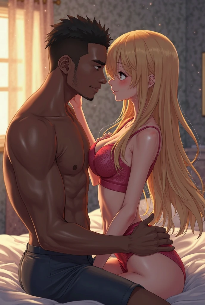 In the heart of a backyard, under the gentle glow of twilight, lies a scene of pure affection between a smiley tanned lady and her boyfriend. The woman's long, wavy hair cascades over their entwined bodies, while his hair is short and messy from running his hands through it. Their bodies, hairy and extremely detailed, are illuminated by the warm, lingering sunrays.
As they immerse themselves in a passionate embrace, they cling to each other, their faces expressing deep connection and happiness. Her chest is clearly visible under the soft light, while his muscular physique is glistening with oily, shiny skin. The intensity of their