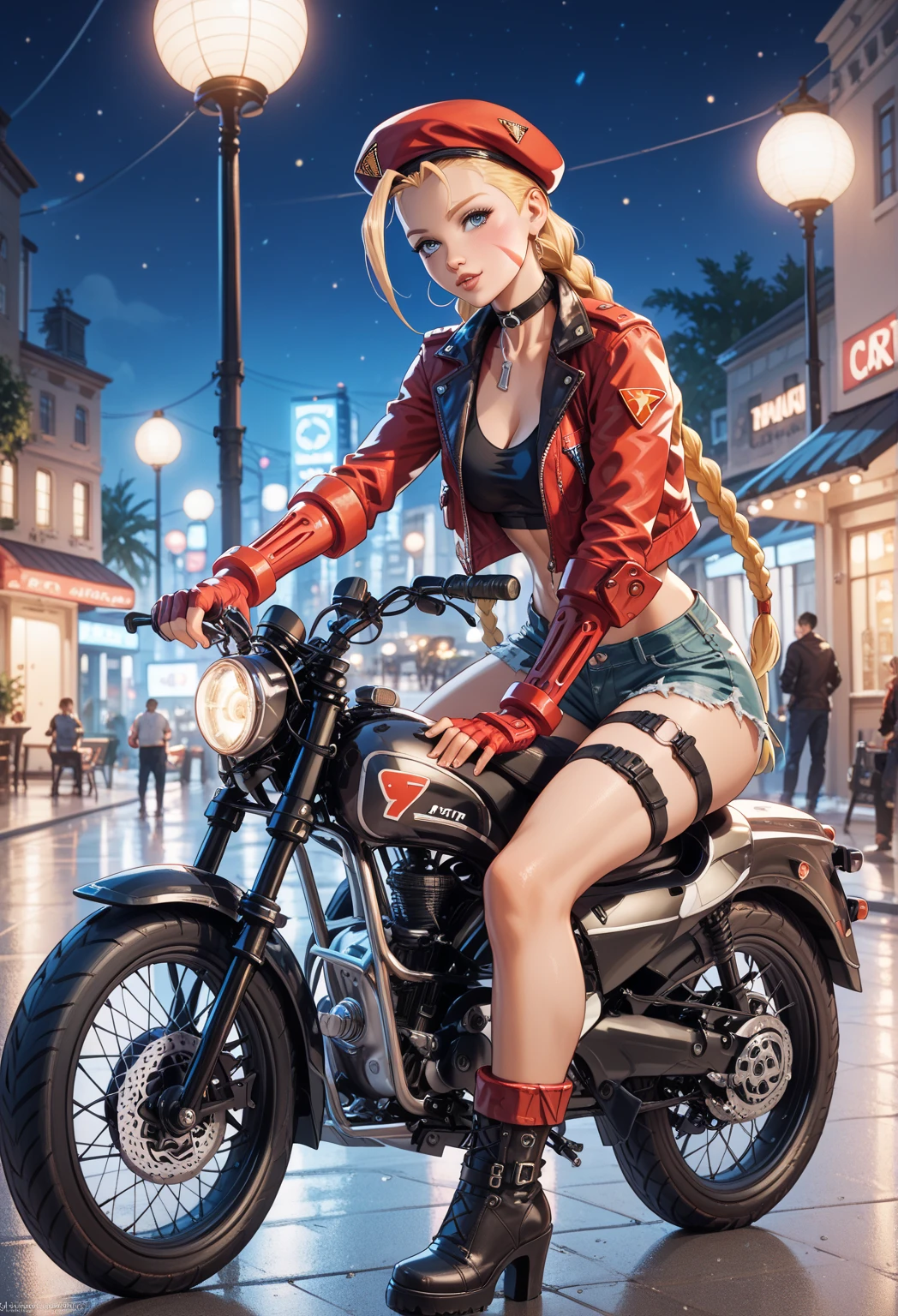 detailed and colorful sketch, realistic contour style, full body drawing, Tekken-style character, beautiful girl, fighter's physique, girl with British features, light blue eyes, short pink hair with dark roots, wearing a casual blouse and denim shorts, with punk gloves, robotic prosthetic left arm