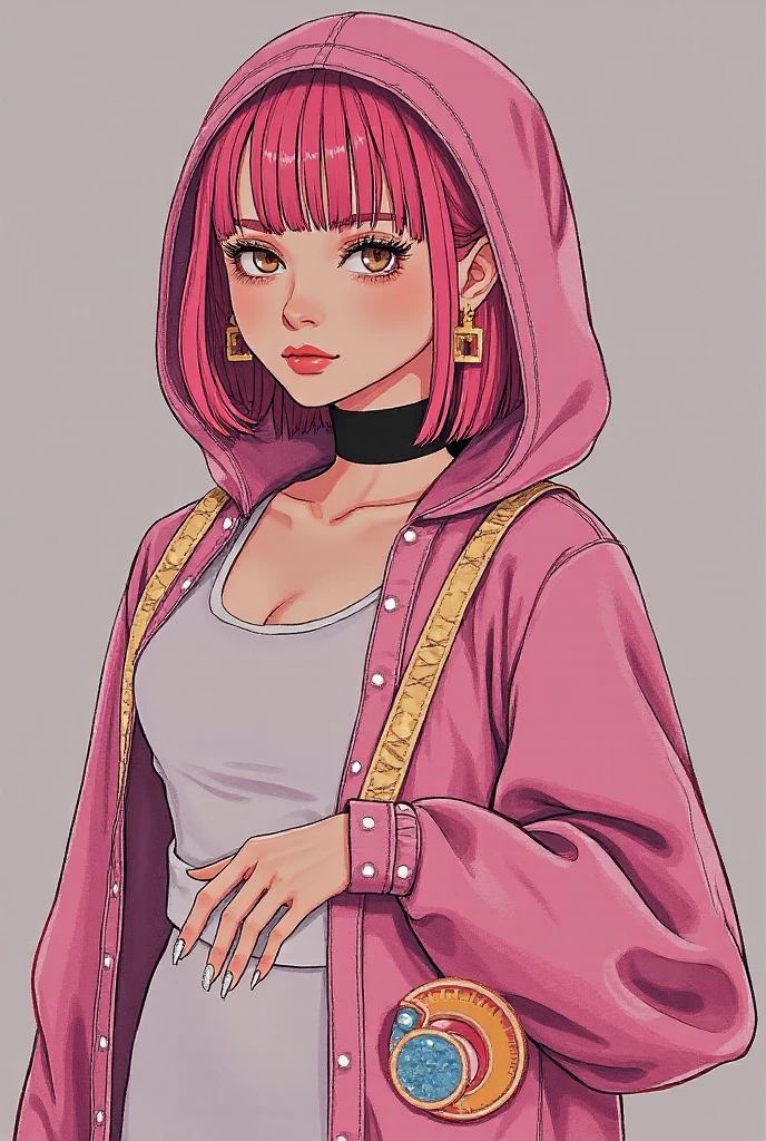 girl with black waist-length hair with light pink tips. she is wearing a black tight thigh-length spaghetti strap dress and a light pink cardigan. wearing a light pink headset. wearing a black high-top converse. aesthetically pleasing  2D focus anime model with a touch of realistic vibes 