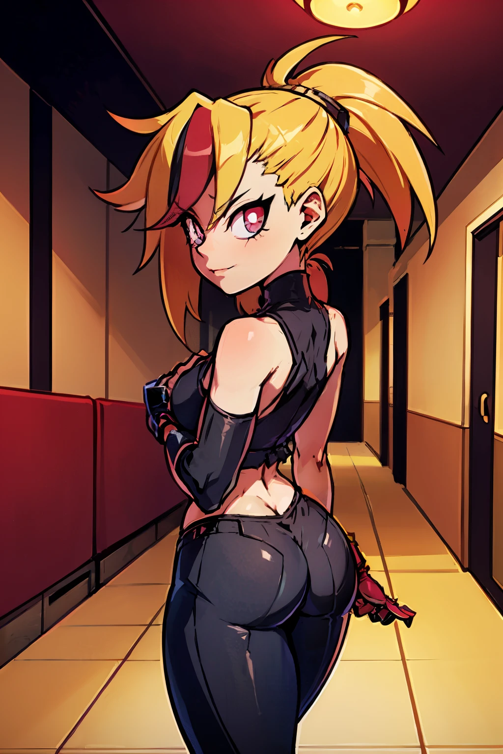 (masterpiece, best quality:1.2), red glowing eyes, red eyes, the eyes are red, perfect face, , strong make up, highres, 1 girl, solo, ultra long ponytail, (female:1.5), strife, blonde hair, shoulder armor, sleeveless turtleneck, suspenders, belt, gloves, bracer pre potent smile, seduce pose, cute arms , evil smile, evil pose, walking in a hall, portrait, backview,  Her hair is streaked with red and blonde highlights.