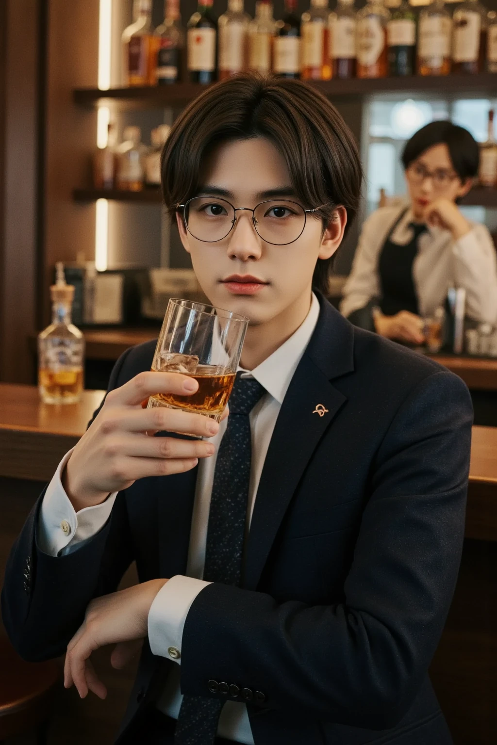 A stylish young man wearing glasses is sitting alone at a bar counter ...