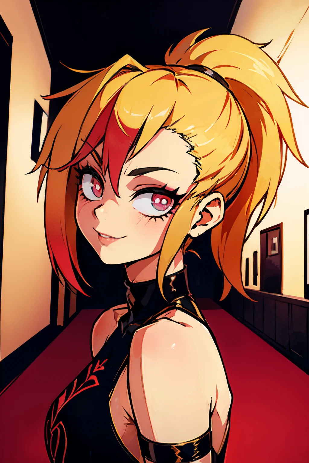 (masterpiece, best quality:1.2), red glowing eyes, red eyes, the eyes are red, perfect face, , strong make up, highres, 1 girl, solo, ultra long ponytail, (female:1.5), strife, blonde hair, shoulder armor, sleeveless turtleneck, suspenders, belt, gloves, bracer pre potent smile, seduce pose, cute arms , evil smile, evil pose, walking in a hall, portrait, backview, Her hair is streaked with red and blonde highlights.