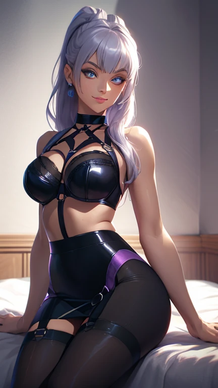 girl with white hair,with bangs, black gloves, purple clothes,4K, masterpiece, perfect body, stem,perfect eyes, a soft look,perfect shading, perfect lighting, best quality, work of art, ultra detailed, detailed clothing, with details on clothes