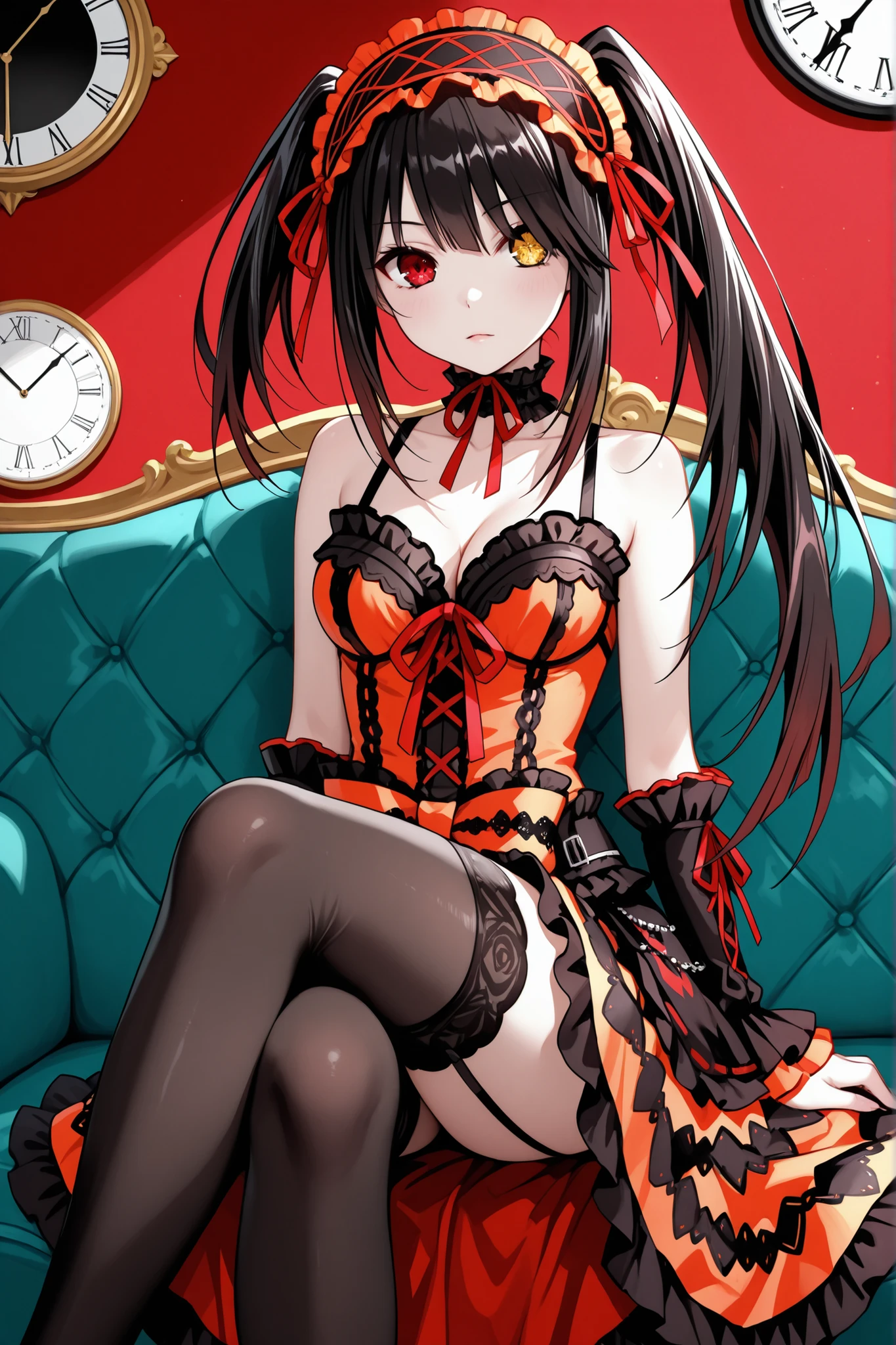 1girl, tokisaki_kurumi, twintails, clock_eyes, long_hair, black_hair, yellow_eyes, red_eyes, heterochromia, cleavage, headband, ta fashion, ta headband, symbol-shaped pupils, floating hair, collarbone, choker, ribbon, bare shoulders, red_ribbon, dress, stockings, garter, sitting, sofa, crossed legs, sexy, attractive
