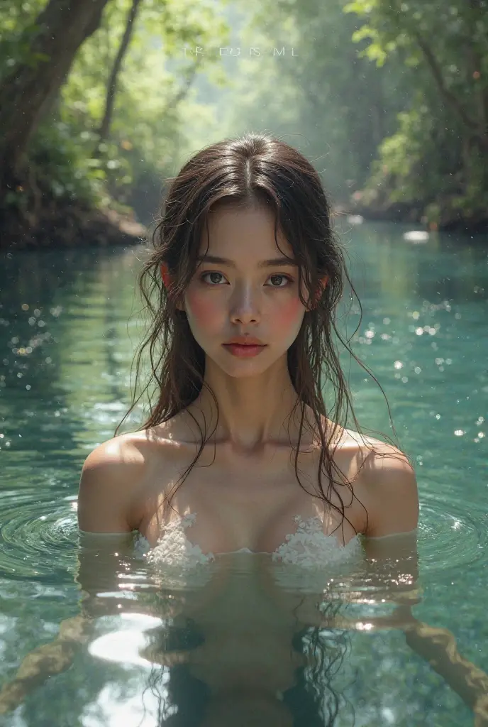 (1woman), extremely detailed CG unified 8k wallpaper, Highly detailed, High-definition raw color photos, professional photograpy, Realistic portrait, celebrities, makeup, straight hair, brunette, (Big breasts:1.3), (Wear natural leaves on her body:1.6), outdoors, jungle, (Landscape with heavy rain in  jungle:1.2), (waterfalls:1.5), ((rivers)), heavy Rain, (whole body soaked:1.3), (((Bokeh))), depth of fields,
